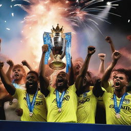 An exuberant celebration scene showing the ecstatic English Premier League-winning football team of 2024, holding up the trophy amidst roaring crowds and dazzling fireworks