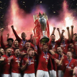 An exuberant celebration scene showing the ecstatic English Premier League-winning football team of 2024, holding up the trophy amidst roaring crowds and dazzling fireworks