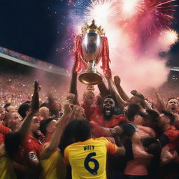 An exuberant celebration scene showing the ecstatic English Premier League-winning football team of 2024, holding up the trophy amidst roaring crowds and dazzling fireworks