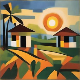 Create an abstract, cubist depiction of a serene evening in a West Bengal village, with geometric shapes denoting traditional huts, paddy fields, and a sun setting over the horizon.