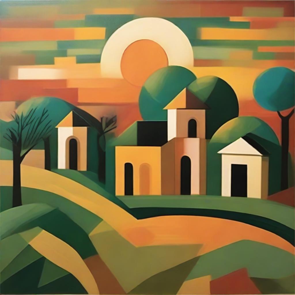 Create an abstract, cubist depiction of a serene evening in a West Bengal village, with geometric shapes denoting traditional huts, paddy fields, and a sun setting over the horizon.