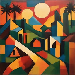 Create an abstract, cubist depiction of a serene evening in a West Bengal village, with geometric shapes denoting traditional huts, paddy fields, and a sun setting over the horizon.