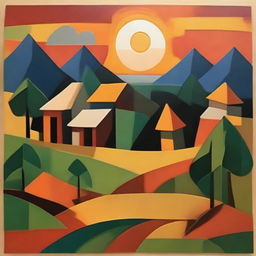 Create an abstract, cubist depiction of a serene evening in a West Bengal village, with geometric shapes denoting traditional huts, paddy fields, and a sun setting over the horizon.