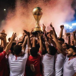 A joyous scene capturing the victorious Egyptian football team of the 2024 Egyptian Premier League, hoisting their trophy amid passionate crowd and vibrant pyrotechnics