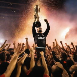 A joyous scene capturing the victorious Egyptian football team of the 2024 Egyptian Premier League, hoisting their trophy amid passionate crowd and vibrant pyrotechnics