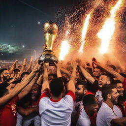 A joyous scene capturing the victorious Egyptian football team of the 2024 Egyptian Premier League, hoisting their trophy amid passionate crowd and vibrant pyrotechnics