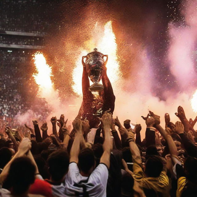 A joyous scene capturing the victorious Egyptian football team of the 2024 Egyptian Premier League, hoisting their trophy amid passionate crowd and vibrant pyrotechnics