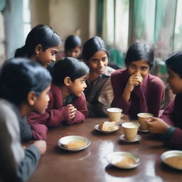 A cozy school canteen filled with boys and girls, friends gossiping over cups of chai tea during a rainy day