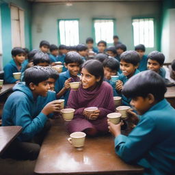 A cozy school canteen filled with boys and girls, friends gossiping over cups of chai tea during a rainy day