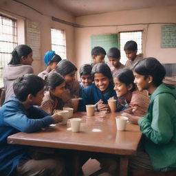 A cozy school canteen filled with boys and girls, friends gossiping over cups of chai tea during a rainy day