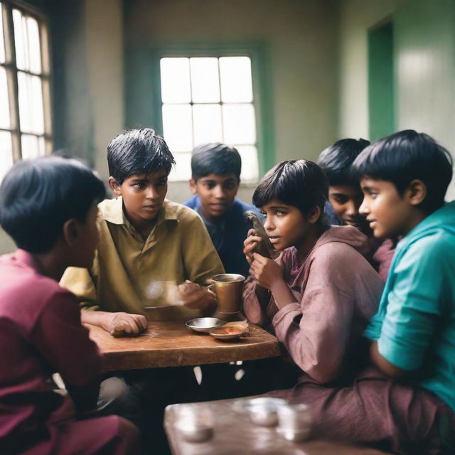 A cozy school canteen filled with boys and girls, friends gossiping over cups of chai tea during a rainy day