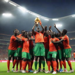 A dynamic scene showcasing the victorious African national football team at the Africa Cup of Nations 2025, proudly lifting their trophy under spectacular stadium lights