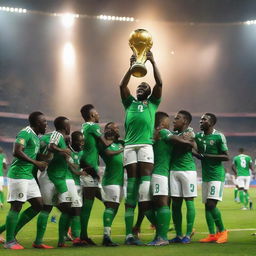 A dynamic scene showcasing the victorious African national football team at the Africa Cup of Nations 2025, proudly lifting their trophy under spectacular stadium lights