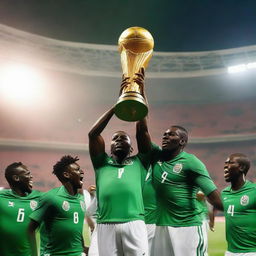 A dynamic scene showcasing the victorious African national football team at the Africa Cup of Nations 2025, proudly lifting their trophy under spectacular stadium lights