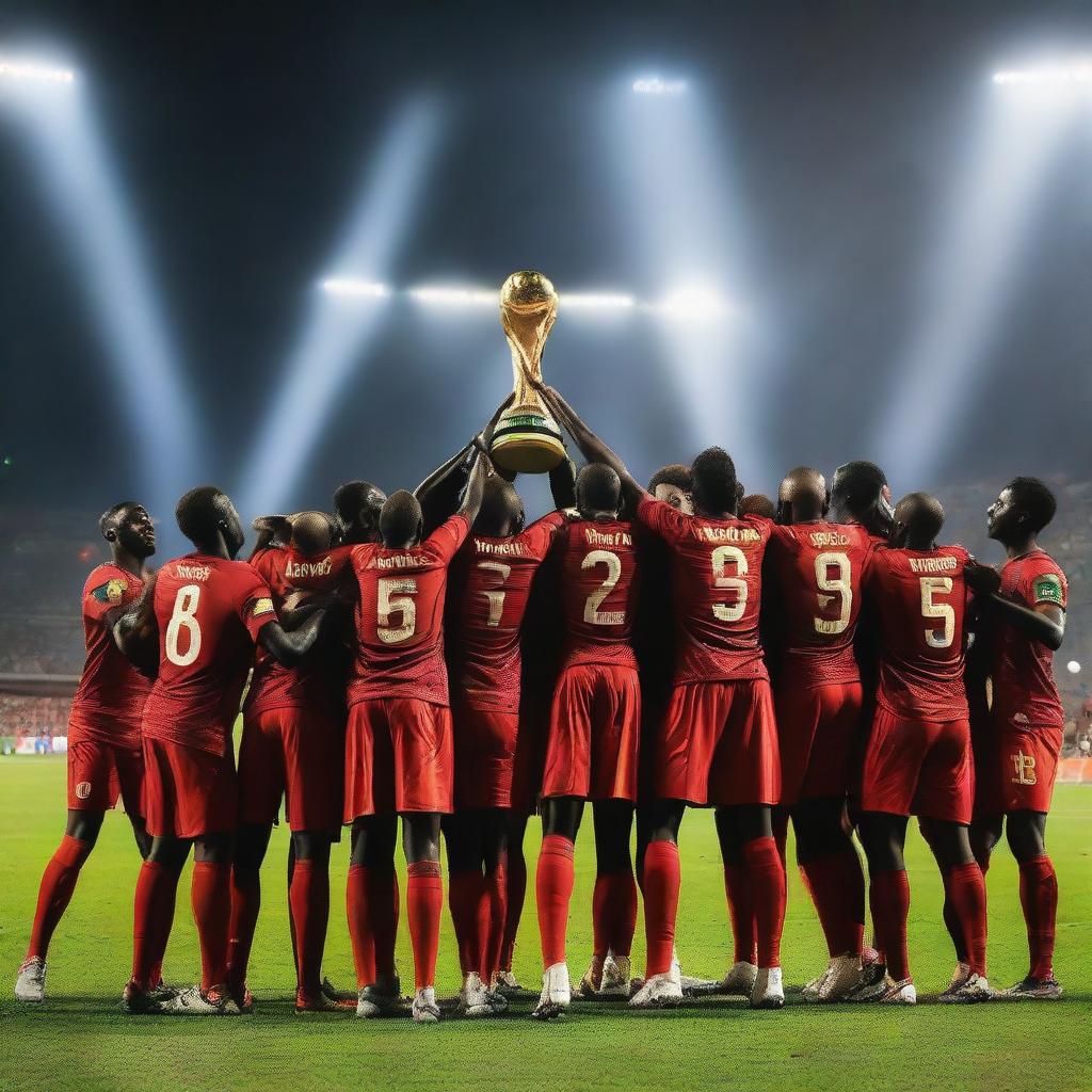 A dynamic scene showcasing the victorious African national football team at the Africa Cup of Nations 2025, proudly lifting their trophy under spectacular stadium lights