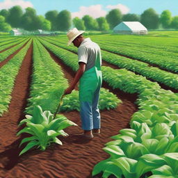 An agricultural scenario showing a farmer tending to his lush green crops, while in one corner, bags of chemical fertilizer are visible. Emphasize on the vibrancy of the crops and the overall nurturing atmosphere.