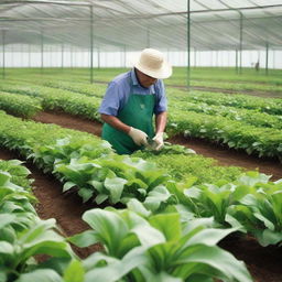 An agricultural scenario showing a farmer tending to his lush green crops, while in one corner, bags of chemical fertilizer are visible. Emphasize on the vibrancy of the crops and the overall nurturing atmosphere.