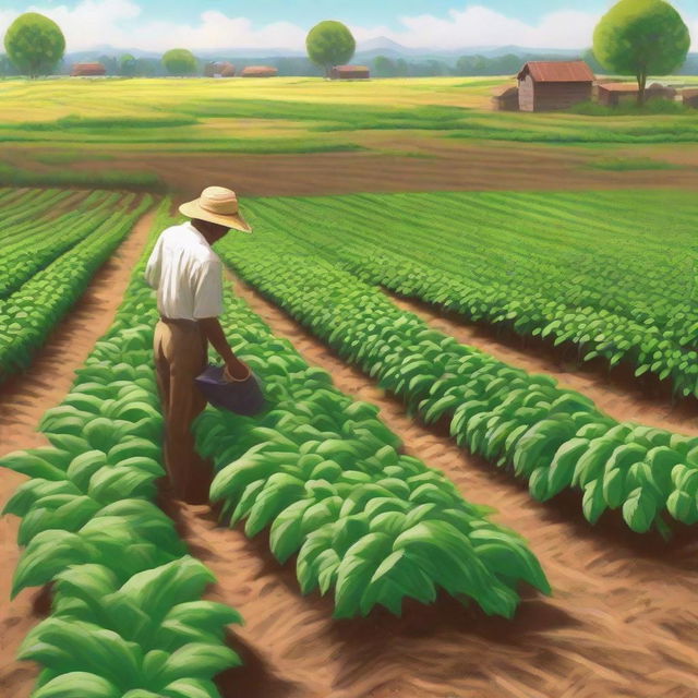 An agricultural scenario showing a farmer tending to his lush green crops, while in one corner, bags of chemical fertilizer are visible. Emphasize on the vibrancy of the crops and the overall nurturing atmosphere.