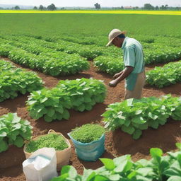 An agricultural scenario showing a farmer tending to his lush green crops, while in one corner, bags of chemical fertilizer are visible. Emphasize on the vibrancy of the crops and the overall nurturing atmosphere.