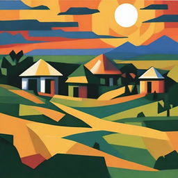 Generate a cubist depiction of a tranquil evening in a West Bengal village overseeing paddy fields, with geometric forms representing the traditional huts, fields, villagers and the captivating sunset.