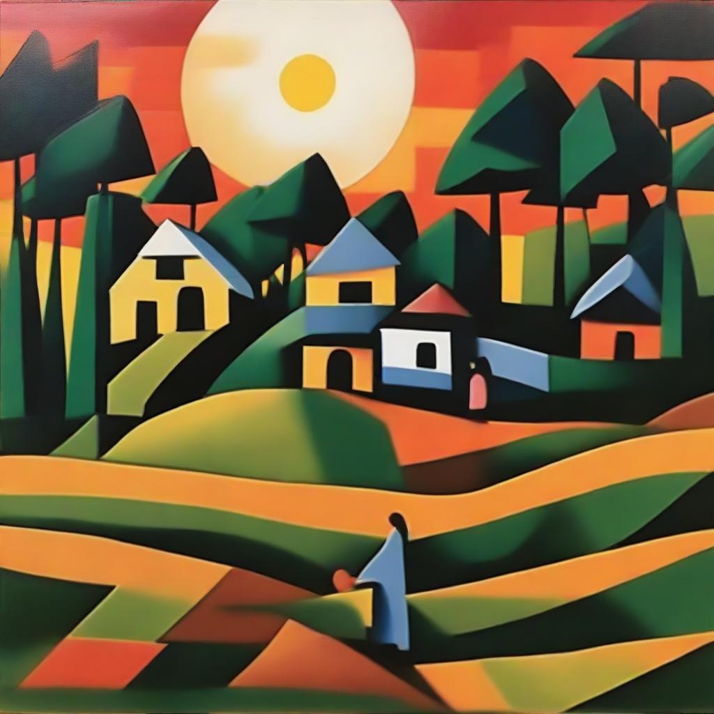 Generate a cubist depiction of a tranquil evening in a West Bengal village overseeing paddy fields, with geometric forms representing the traditional huts, fields, villagers and the captivating sunset.