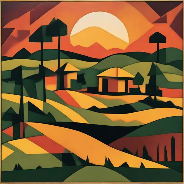 Generate a cubist depiction of a tranquil evening in a West Bengal village overseeing paddy fields, with geometric forms representing the traditional huts, fields, villagers and the captivating sunset.