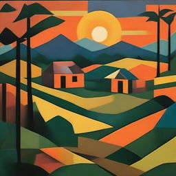 Generate a cubist depiction of a tranquil evening in a West Bengal village overseeing paddy fields, with geometric forms representing the traditional huts, fields, villagers and the captivating sunset.