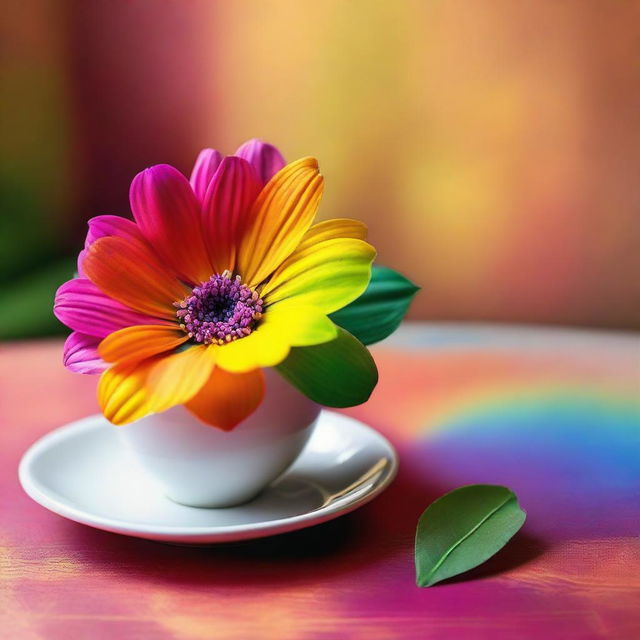 A vibrant rainbow-colored flower illuminated subtly, paired with a warm, comfortable background of sipping chai with friends on the best day.