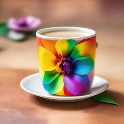 A vibrant rainbow-colored flower illuminated subtly, paired with a warm, comfortable background of sipping chai with friends on the best day.