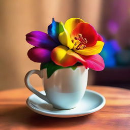 A vibrant rainbow-colored flower illuminated subtly, paired with a warm, comfortable background of sipping chai with friends on the best day.