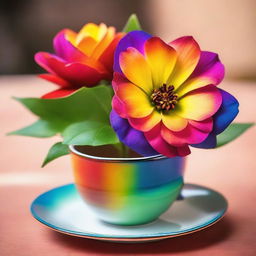 A vibrant rainbow-colored flower illuminated subtly, paired with a warm, comfortable background of sipping chai with friends on the best day.