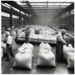 A bustling scene of a chemical fertilizer production company. Resplendent with large industrial equipment, laborers in protective gear, and sacks of chemical fertilizer ready for distribution.