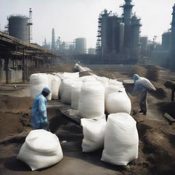 A bustling scene of a chemical fertilizer production company. Resplendent with large industrial equipment, laborers in protective gear, and sacks of chemical fertilizer ready for distribution.