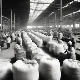 A bustling scene of a chemical fertilizer production company. Resplendent with large industrial equipment, laborers in protective gear, and sacks of chemical fertilizer ready for distribution.