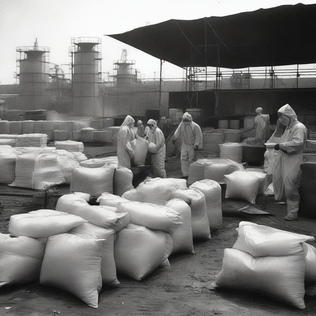 A bustling scene of a chemical fertilizer production company. Resplendent with large industrial equipment, laborers in protective gear, and sacks of chemical fertilizer ready for distribution.