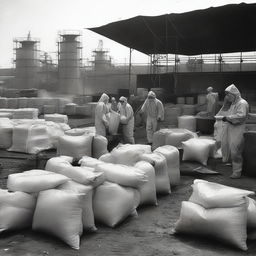 A bustling scene of a chemical fertilizer production company. Resplendent with large industrial equipment, laborers in protective gear, and sacks of chemical fertilizer ready for distribution.