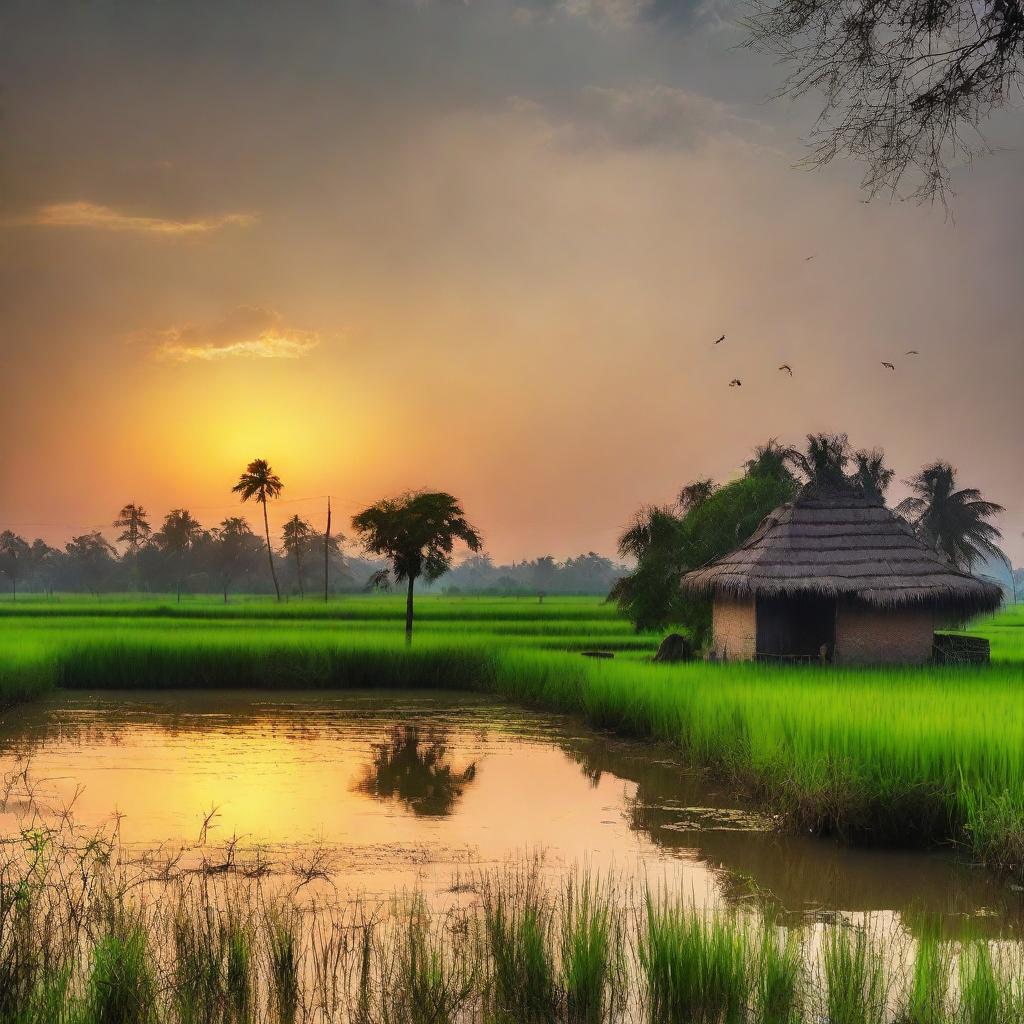 Generate a serene scene of a peaceful evening in a West Bengal village, focusing on the expansive paddy fields, the calm surrounding nature, and the breathtaking sunset, devoid of any houses or human figures.