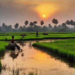 Generate a serene scene of a peaceful evening in a West Bengal village, focusing on the expansive paddy fields, the calm surrounding nature, and the breathtaking sunset, devoid of any houses or human figures.