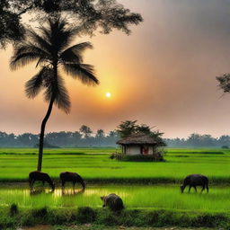 Generate a serene scene of a peaceful evening in a West Bengal village, focusing on the expansive paddy fields, the calm surrounding nature, and the breathtaking sunset, devoid of any houses or human figures.