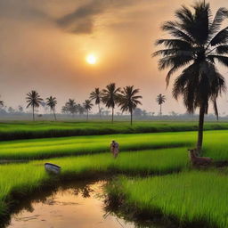 Generate a serene scene of a peaceful evening in a West Bengal village, focusing on the expansive paddy fields, the calm surrounding nature, and the breathtaking sunset, devoid of any houses or human figures.