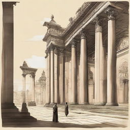 A 2D image of a person observing historical landmarks from the early empire era, featuring aged architecture, stone columns and palatial structures.