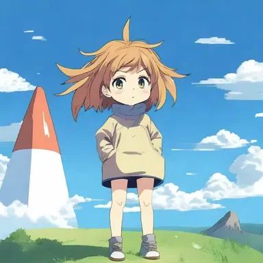 The anime character, with their characteristic wind-blown hair, stood next to a wind cone on top of a hill.