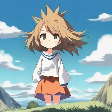 The anime character, with their characteristic wind-blown hair, stood next to a wind cone on top of a hill.