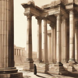 A 2D image of a person observing historical landmarks from the early empire era, featuring aged architecture, stone columns and palatial structures.