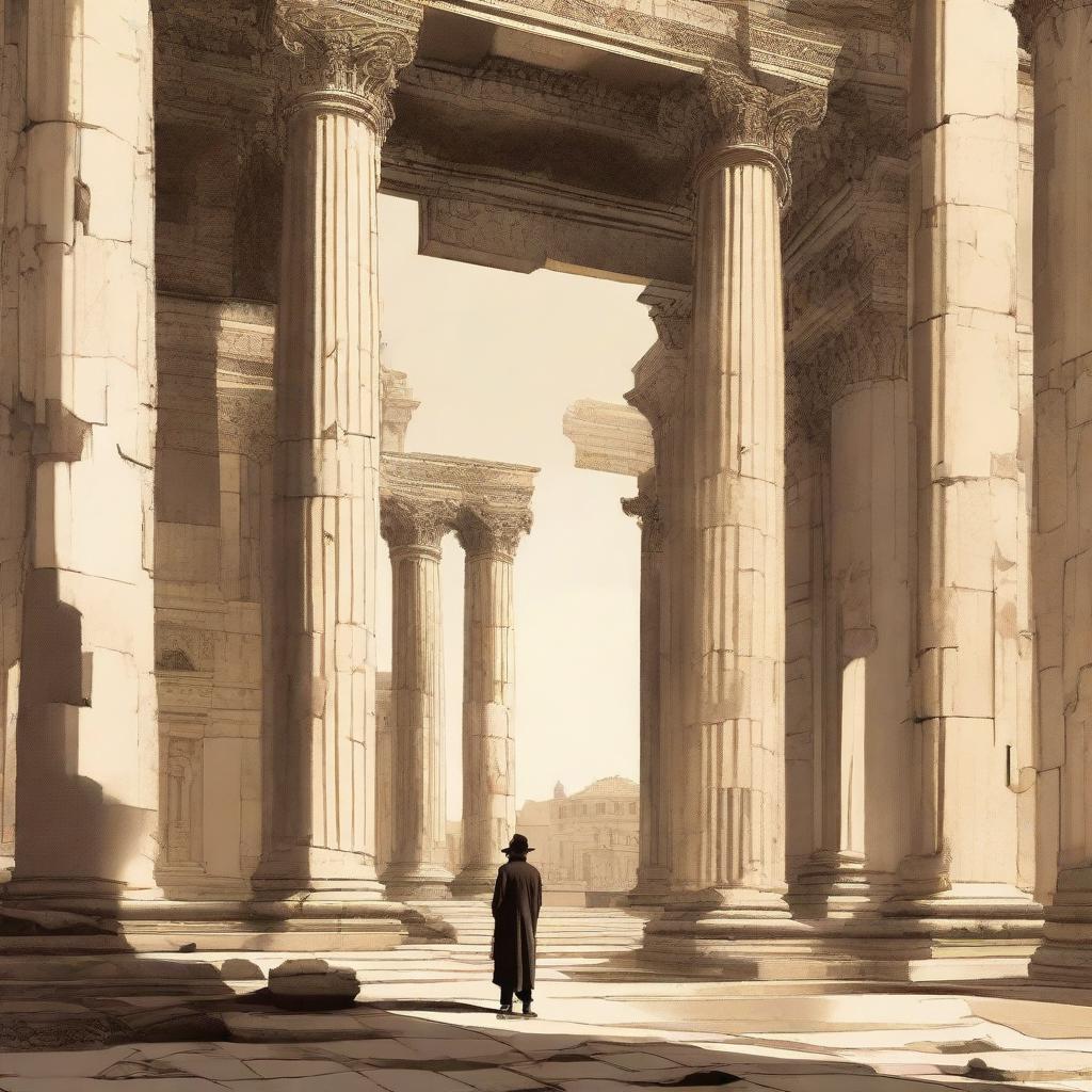 A 2D image of a person observing historical landmarks from the early empire era, featuring aged architecture, stone columns and palatial structures.