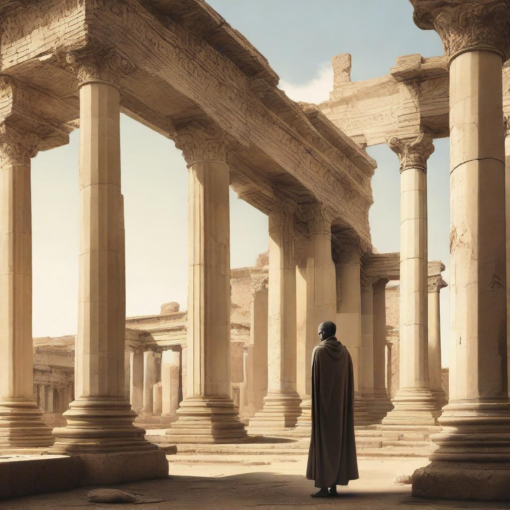 A 2D image of a person observing historical landmarks from the early empire era, featuring aged architecture, stone columns and palatial structures.