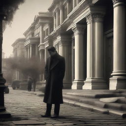 A 2D image portraying a heartbroken lover, alone in an authentic neighborhood scene from the era of historic empires, with architectural elements characteristic of such a time period visible.