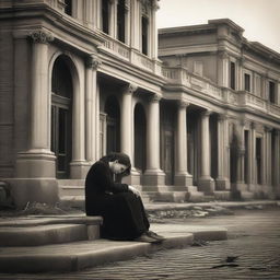 A 2D image portraying a heartbroken lover, alone in an authentic neighborhood scene from the era of historic empires, with architectural elements characteristic of such a time period visible.