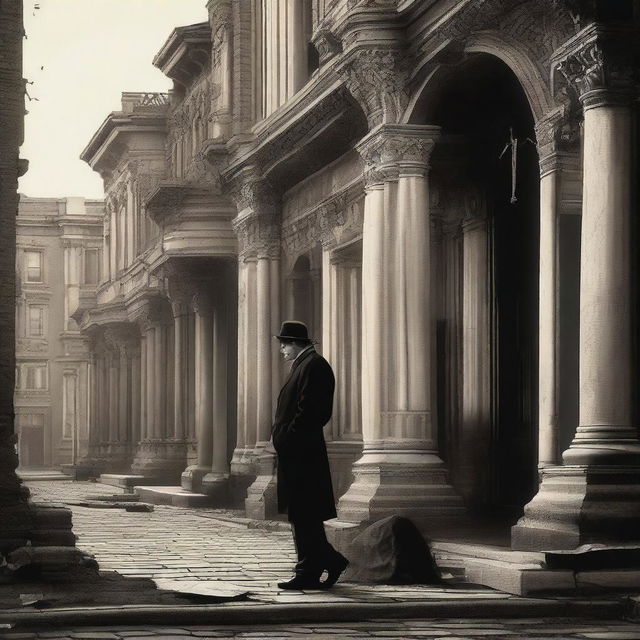 A 2D image portraying a heartbroken lover, alone in an authentic neighborhood scene from the era of historic empires, with architectural elements characteristic of such a time period visible.