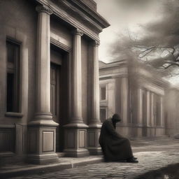 A 2D image portraying a heartbroken lover, alone in an authentic neighborhood scene from the era of historic empires, with architectural elements characteristic of such a time period visible.